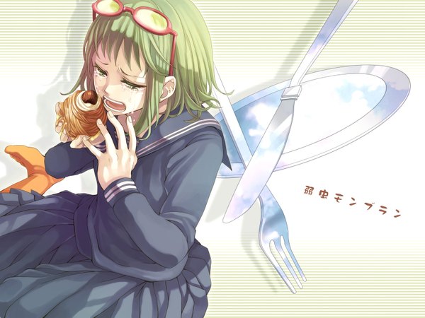 Anime picture 1500x1125 with vocaloid yowamushi mont-blanc (vocaloid) gumi yamako (state of children) single short hair green hair tears crying glasses on head girl uniform glasses serafuku food sweets knife plate fork mont blanc (food)
