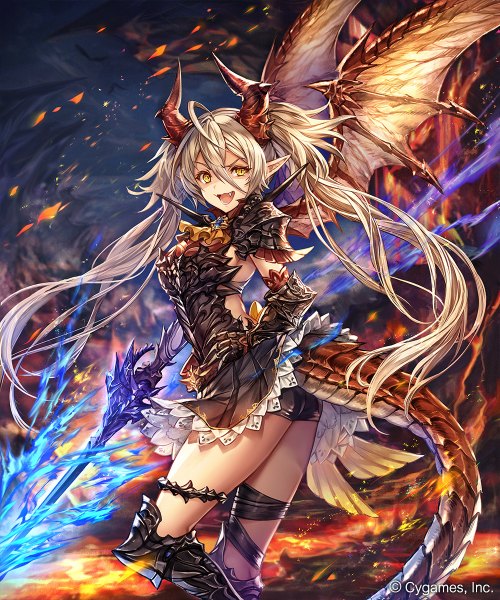 Anime-Bild 1000x1200 mit shadowverse tagme (character) madogawa single long hair tall image looking at viewer fringe open mouth smile hair between eyes standing twintails holding yellow eyes silver hair cloud (clouds) ahoge bent knee (knees) outdoors