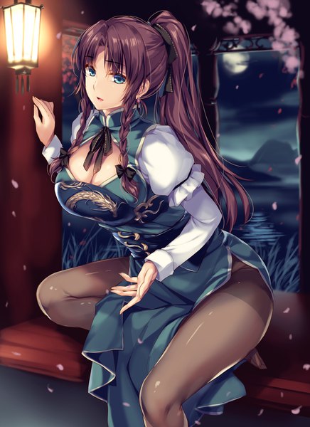 Anime picture 1164x1600 with touhou hong meiling moneti (daifuku) single long hair tall image looking at viewer fringe breasts open mouth light erotic brown hair large breasts sitting green eyes ponytail braid (braids) long sleeves traditional clothes night