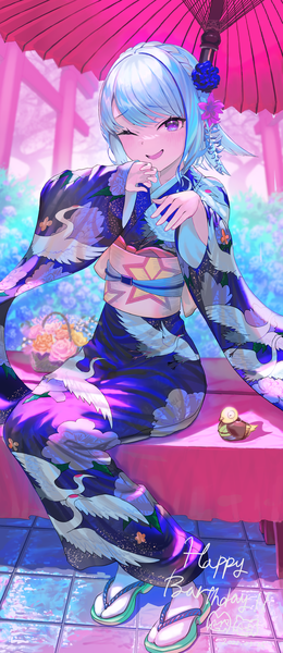 Anime picture 2100x4855 with virtual youtuber nijisanji lize helesta sebastian piyodore lize helesta (6th costume) atatatatame01 single tall image looking at viewer highres short hair open mouth sitting purple eyes silver hair full body outdoors traditional clothes japanese clothes one eye closed