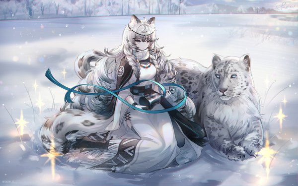 Anime picture 2395x1500 with arknights pramanix (arknights) snow is single looking at viewer fringe highres breasts hair between eyes sitting holding signed animal ears sky cloud (clouds) full body ahoge outdoors tail braid (braids)