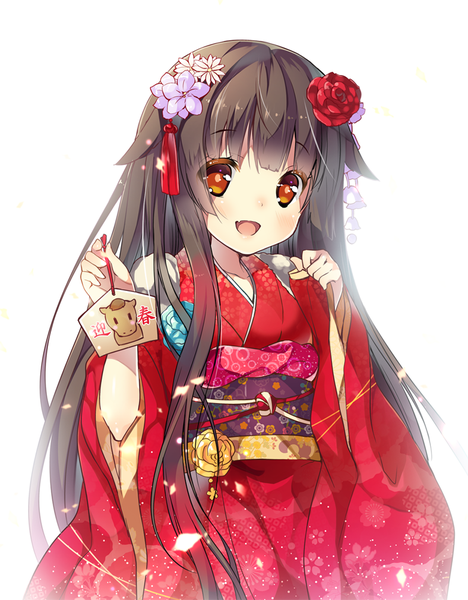 Anime picture 781x1000 with original miwabe sakura single long hair tall image looking at viewer blush open mouth black hair simple background red eyes white background traditional clothes japanese clothes hair flower new year 2014 girl hair ornament flower (flowers)