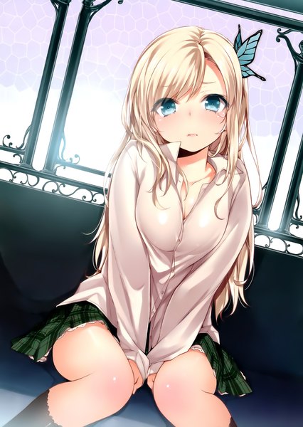 Anime picture 1420x2000 with boku wa tomodachi ga sukunai kashiwazaki sena buriki long hair tall image light erotic blonde hair sitting official art tears girl skirt hair ornament miniskirt insect butterfly butterfly hair ornament green skirt