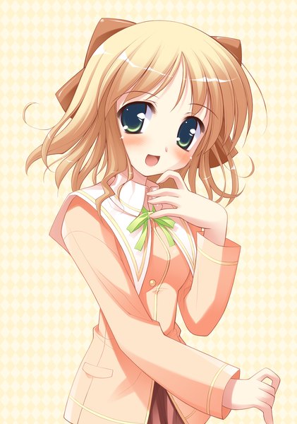 Anime picture 3299x4701 with happiness kohinata sumomo single tall image blush highres short hair open mouth blonde hair green eyes absurdres yellow background girl uniform bow hair bow school uniform
