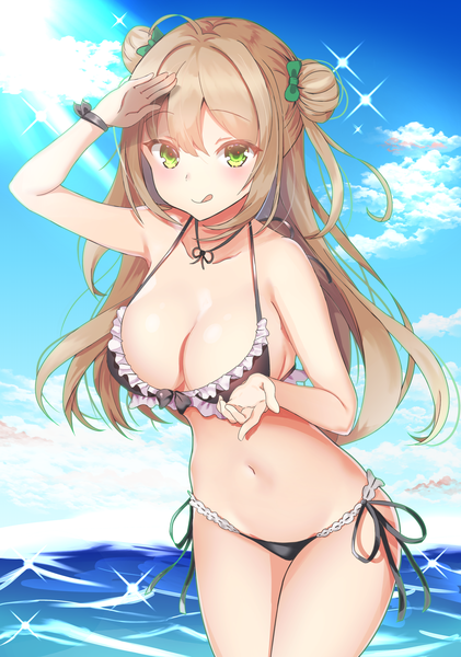 Anime picture 2810x4001 with girls frontline rfb (girls frontline) tia (4017342) single long hair tall image looking at viewer blush fringe highres breasts light erotic smile hair between eyes brown hair large breasts standing bare shoulders green eyes payot