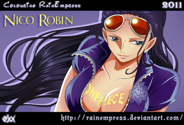 Anime-Bild 1500x1022 mit one piece toei animation nico robin rainempress single long hair breasts light erotic simple background smile large breasts signed purple hair aqua eyes inscription short sleeves character names coloring portrait purple background
