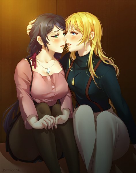 Anime picture 787x1000 with love live! school idol project sunrise (studio) love live! toujou nozomi ayase eli lilacc long hair tall image blush breasts open mouth blue eyes light erotic black hair blonde hair large breasts sitting twintails multiple girls green eyes