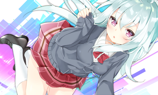 Anime picture 1820x1100 with original shiori (kamioka shun'ya) kamioka shun'ya single long hair looking at viewer blush highres open mouth wide image white background purple eyes ahoge pleated skirt aqua hair :o sleeves past wrists girl skirt uniform