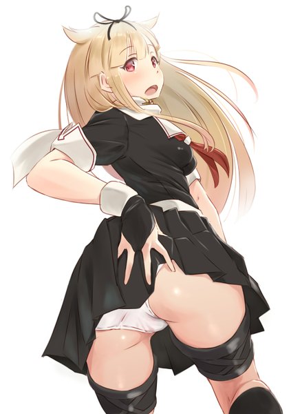 Anime picture 1223x1736 with kantai collection yuudachi destroyer wa (genryusui) single long hair tall image fringe open mouth light erotic simple background blonde hair red eyes white background ass pleated skirt looking back pantyshot remodel (kantai collection) girl skirt