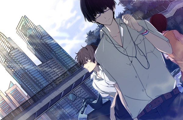 Anime picture 1000x657 with zankyou no terror mappa twelve nine mishima risa nic (kevin) fringe short hair black hair brown hair brown eyes looking away sky from behind multiple boys city open collar real world location tokyo shinjuku (tokyo)