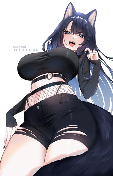 Anime picture 3850x5950 with original reiko (tofuubear) tofuubear single long hair tall image looking at viewer fringe highres breasts open mouth blue eyes light erotic black hair simple background hair between eyes large breasts standing white background signed
