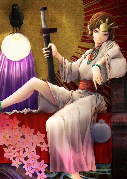 Anime picture 1075x1518 with vocaloid meiko museum2088 tall image short hair brown hair brown eyes traditional clothes girl flower (flowers) weapon animal sword bird (birds) katana