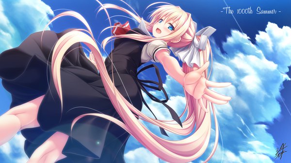 Anime picture 1920x1080 with air key (studio) kamio misuzu mizunoe kotaru single looking at viewer blush fringe highres open mouth blue eyes blonde hair hair between eyes wide image signed sky cloud (clouds) ponytail very long hair looking back