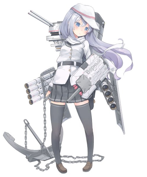 Anime picture 1000x1208 with kantai collection hibiki destroyer verniy destroyer nanashina (artist) single long hair tall image blush blue eyes simple background white background looking away purple hair girl thighhighs weapon black thighhighs scarf flat cap anchor