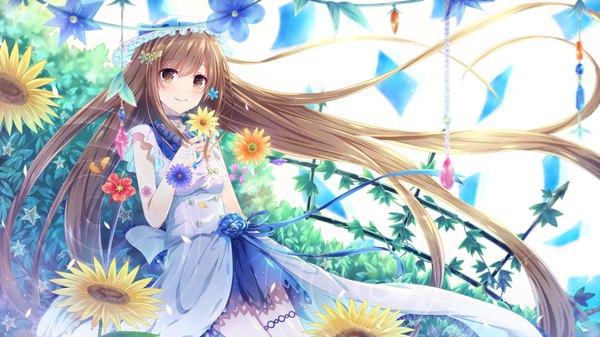 Anime picture 1921x1080 with original sakakidani single looking at viewer blush fringe highres breasts brown hair wide image brown eyes very long hair wind sunlight shadow nature girl dress hair ornament flower (flowers)