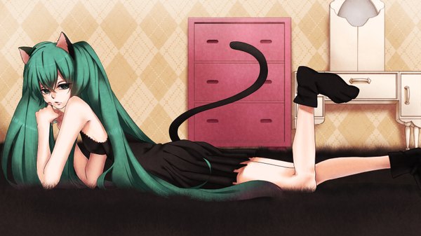 Anime picture 1600x900 with vocaloid hatsune miku single long hair looking at viewer highres wide image twintails green eyes animal ears very long hair aqua eyes green hair cat ears aqua hair cat girl cat tail girl dress black dress