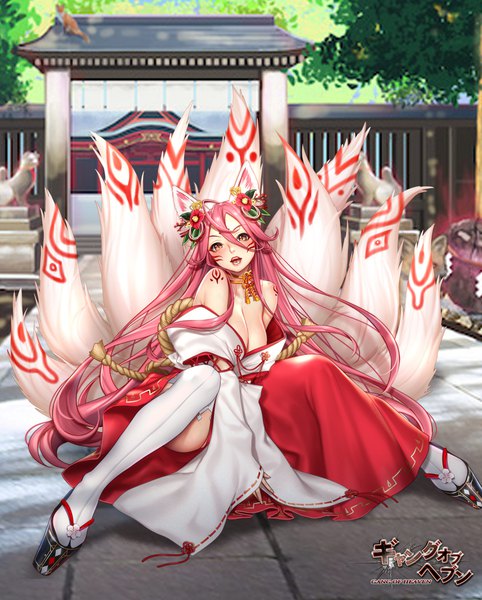 Anime picture 1607x2000 with gang of heaven masami chie single tall image blush fringe breasts open mouth light erotic hair between eyes sitting bare shoulders animal ears pink hair tail very long hair traditional clothes japanese clothes animal tail pink eyes