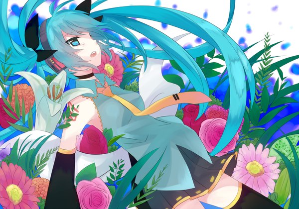 Anime picture 1700x1190 with vocaloid hatsune miku mizuki (koko lost) single long hair fringe open mouth twintails aqua eyes aqua hair girl thighhighs skirt hair ornament flower (flowers) black thighhighs plant (plants) detached sleeves petals necktie