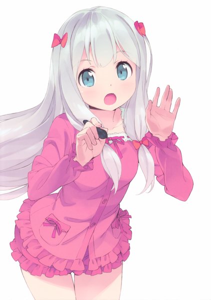 Anime picture 2459x3498 with eromanga sensei a-1 pictures izumi sagiri kanzaki hiro single long hair tall image looking at viewer blush highres open mouth blue eyes simple background standing white background absurdres silver hair wind scan official art