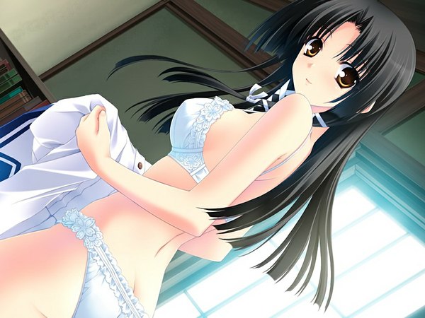 Anime picture 1024x768 with sakura bitmap (game) long hair light erotic black hair yellow eyes game cg underwear only girl underwear panties