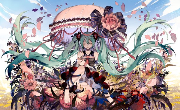 Anime picture 1625x1000 with vocaloid hatsune miku tsukioka tsukiho single wide image twintails bare shoulders sky cloud (clouds) eyes closed very long hair barefoot aqua hair legs girl dress flower (flowers) ribbon (ribbons) petals umbrella