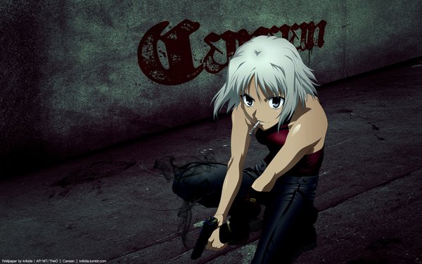 Anime picture 1920x1200 with canaan type-moon canaan (character) single highres short hair wide image bare shoulders white hair black eyes smoking girl weapon gun cigarette