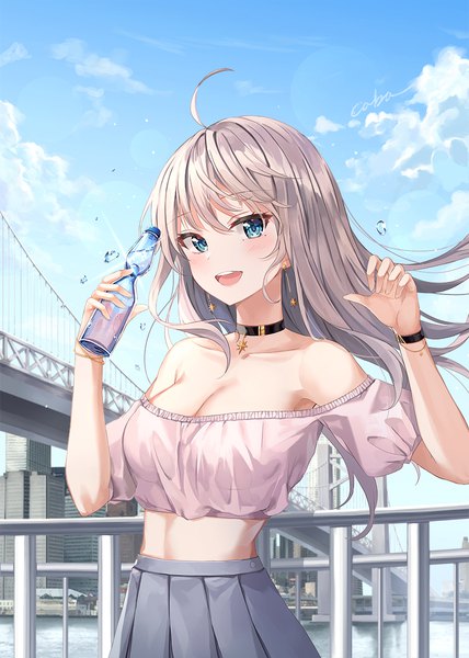 Anime picture 857x1200 with original minari (lmina09) single long hair tall image looking at viewer blush fringe breasts open mouth blue eyes light erotic smile hair between eyes large breasts standing bare shoulders holding signed sky