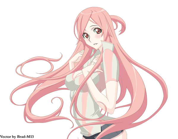 Anime picture 4000x3125 with dragonaut: the resonance gonzo toa single long hair looking at viewer blush highres breasts red eyes pink hair cleavage pink eyes hand on chest transparent background vector partially open clothes girl