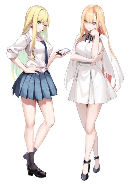 Anime picture 2480x3508 with mobile suit gundam sono bisque doll wa koi wo suru gundam hathaway's flash sunrise (studio) cloverworks kitagawa marin gigi andalusia spider apple long hair tall image looking at viewer fringe highres blue eyes simple background blonde hair white background multiple girls full body pleated skirt