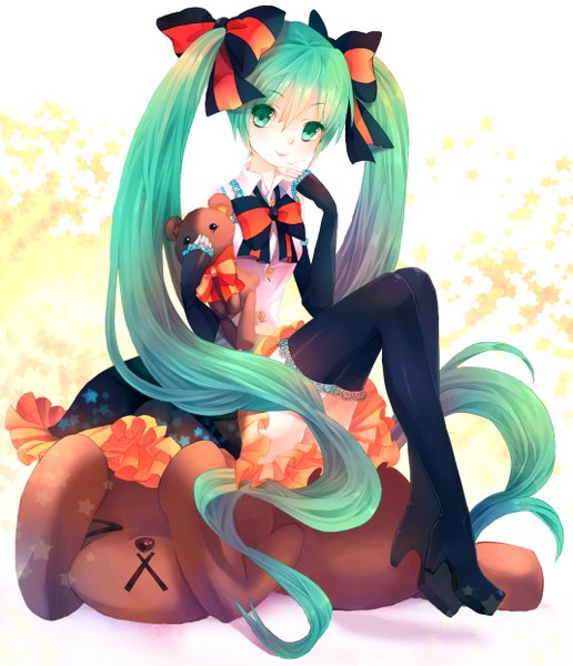 Anime picture 1068x1241 with vocaloid hatsune miku q-chiang tall image looking at viewer twintails very long hair aqua eyes aqua hair girl dress bow hair bow detached sleeves thigh boots toy stuffed animal teddy bear