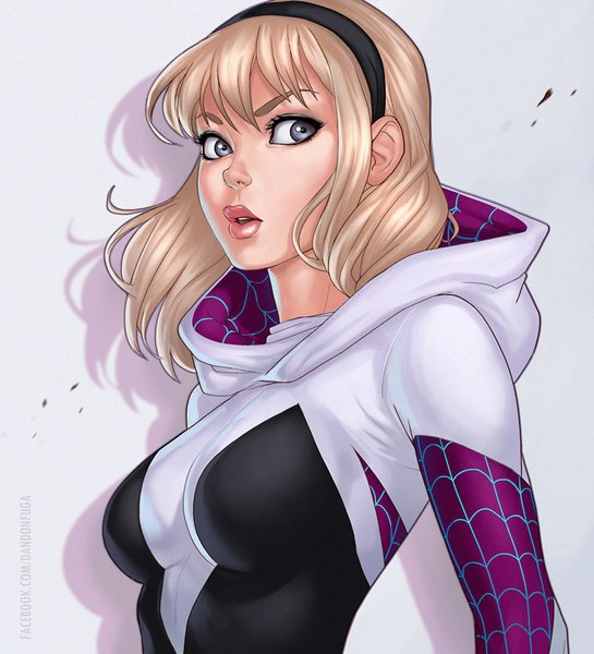 Anime-Bild 800x880 mit marvel comics gwen stacy spider-gwen dandon fuga single long hair tall image looking at viewer breasts simple background blonde hair lips realistic shadow grey eyes eyebrows superhero girl hairband suit