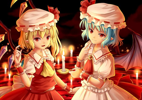 Anime picture 1285x909 with touhou flandre scarlet remilia scarlet villyane looking at viewer short hair open mouth blonde hair smile red eyes multiple girls signed blue hair nail polish fingernails pointy ears long fingernails bat wings girl dress