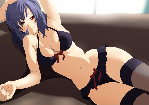 Anime picture 1693x1200 with touhou yasaka kanako light erotic red eyes purple eyes reclining girl thighhighs underwear swimsuit