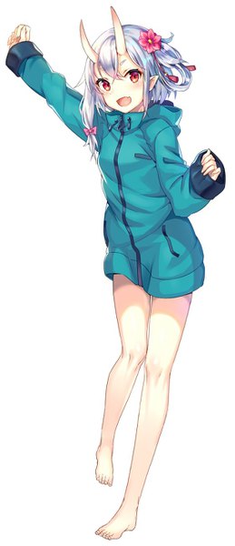Anime picture 562x1300 with eromanga sensei sennen sensou aigis a-1 pictures onibahime (sennen sensou aigis) mokyu single tall image looking at viewer blush short hair open mouth simple background red eyes standing white background silver hair full body barefoot hair flower horn (horns)