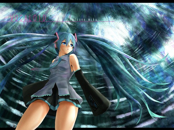 Anime picture 1600x1200 with vocaloid hatsune miku blastbeat long hair highres blue eyes twintails very long hair aqua hair girl skirt detached sleeves necktie