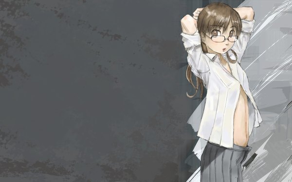 Anime picture 1680x1050 with long hair highres light erotic brown hair wide image brown eyes open clothes midriff open shirt twisty sleeves stretch skirt glasses