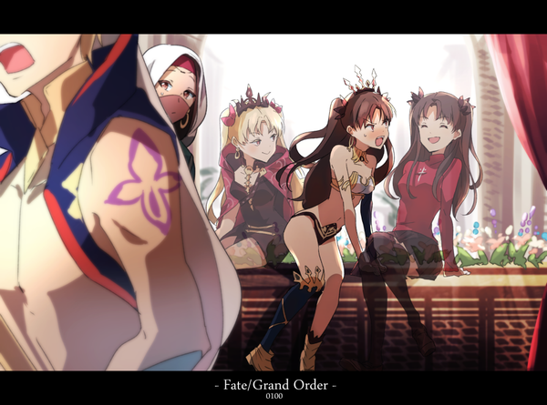 Anime picture 1000x743 with fate (series) fate/grand order toosaka rin ishtar (fate) ereshkigal (fate) gilgamesh (fate) gilgamesh (caster) (fate) siduri (fate/grand order) zeromomo long hair blush open mouth light erotic blonde hair smile red eyes brown hair sitting multiple girls eyes closed