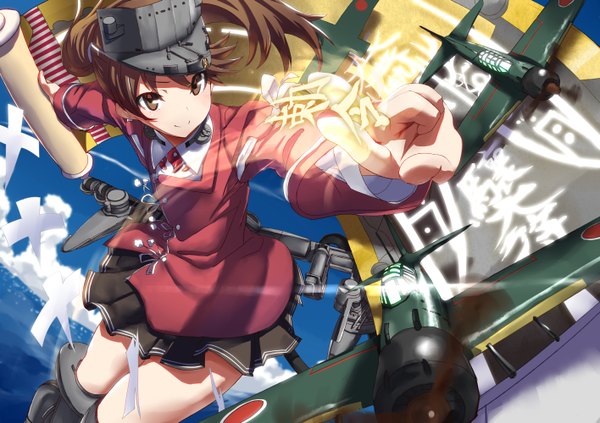 Anime picture 1416x1000 with kantai collection ryuujou light aircraft carrier tsuuhan single long hair smile brown hair brown eyes sky cloud (clouds) ponytail pleated skirt hieroglyph girl skirt sea sailor suit aircraft airplane scroll