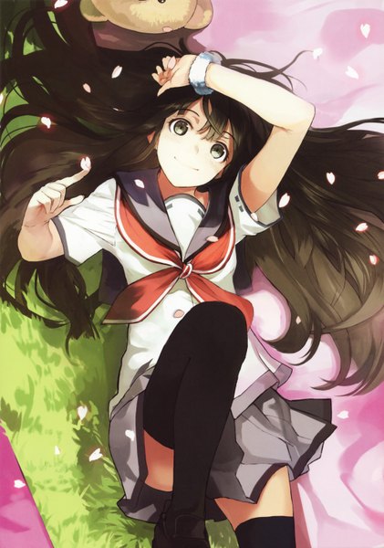 Anime picture 2131x3035 with original shirabi single long hair tall image looking at viewer blush highres smile brown hair grey eyes pointing girl thighhighs uniform black thighhighs plant (plants) school uniform petals bracelet