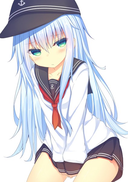 Anime picture 1157x1636 with kantai collection hibiki destroyer suteba (grzjkbhgf) single long hair tall image looking at viewer blush fringe simple background hair between eyes white background blue hair pleated skirt aqua eyes embarrassed sleeves past wrists girl skirt uniform