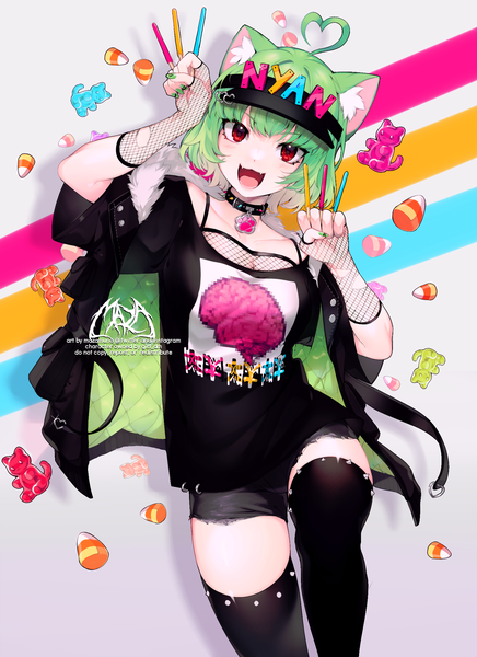 Anime picture 1600x2200 with original mazamuno single tall image looking at viewer blush fringe short hair breasts open mouth simple background smile red eyes standing holding animal ears ahoge nail polish head tilt :d