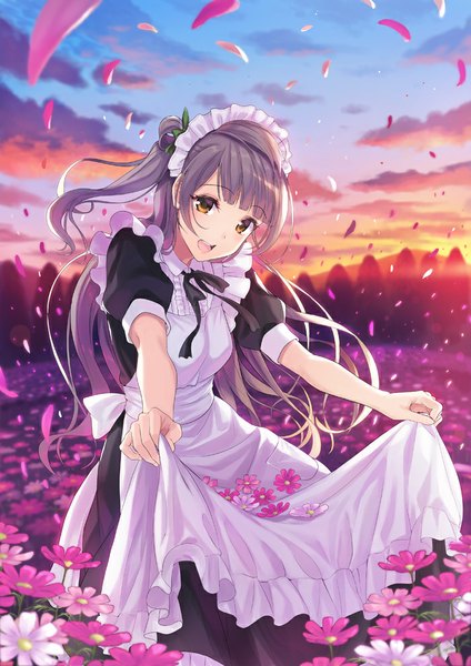 Anime picture 700x991 with love live! school idol project sunrise (studio) love live! minami kotori kichiroku single long hair tall image looking at viewer fringe open mouth standing holding brown eyes sky cloud (clouds) outdoors head tilt :d wind