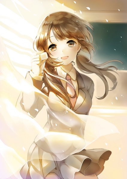 Anime picture 1000x1414 with original sibyl single long hair tall image fringe open mouth brown hair twintails holding brown eyes :d wind classroom girl uniform school uniform curtains blackboard marshmallow