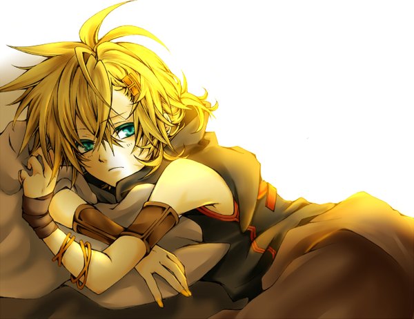 Anime picture 1300x1003 with vocaloid kagamine len mayu2965 single fringe short hair blonde hair looking away lying aqua eyes boy hair ornament bracelet hairclip