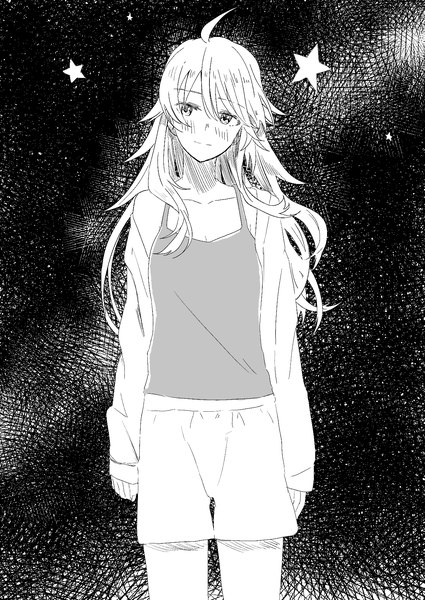 Anime picture 1254x1771 with idolmaster idolmaster (classic) hoshii miki epitaph (1122) single long hair tall image blush fringe hair between eyes standing looking away ahoge head tilt off shoulder monochrome girl jacket shorts star (symbol)