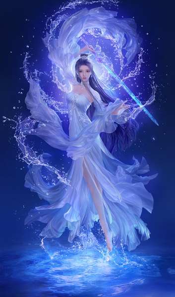 Anime picture 1200x2040 with zhu xian lu xueqi da congjun single long hair tall image looking at viewer holding purple hair full body parted lips barefoot arm up wind black eyes realistic blue background transparent midair girl