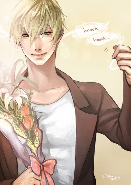 Anime picture 1240x1754 with original rm-parfait single tall image short hair blonde hair signed yellow eyes light smile inscription text english yellow background boy flower (flowers) bow earrings bouquet lily (flower) tulip