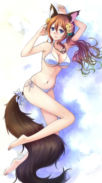 Anime picture 784x1400 with original xia you qing suikakitsu shiro single long hair tall image blush breasts blue eyes light erotic brown hair animal ears tail animal tail hair flower girl navel hair ornament flower (flowers) swimsuit