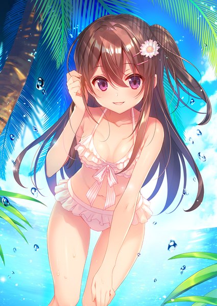 Anime picture 800x1129 with original takei ooki single long hair tall image looking at viewer blush fringe open mouth light erotic hair between eyes brown hair purple eyes bare shoulders sky cleavage cloud (clouds) outdoors bare belly leaning