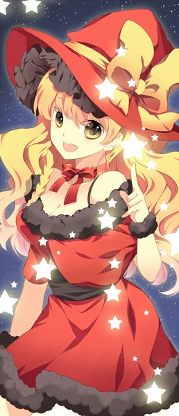 Anime picture 430x1000 with touhou kirisame marisa roh nam kyung single long hair tall image blush open mouth blonde hair smile bare shoulders yellow eyes braid (braids) single braid girl dress bow hat bowtie star (symbol)